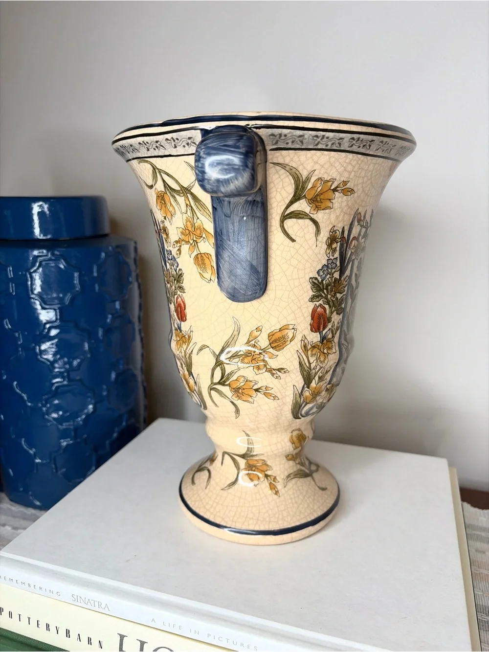 Vintage Decorative Floral Ceramic Urn Vase in Cream Crackle Glaze Finish